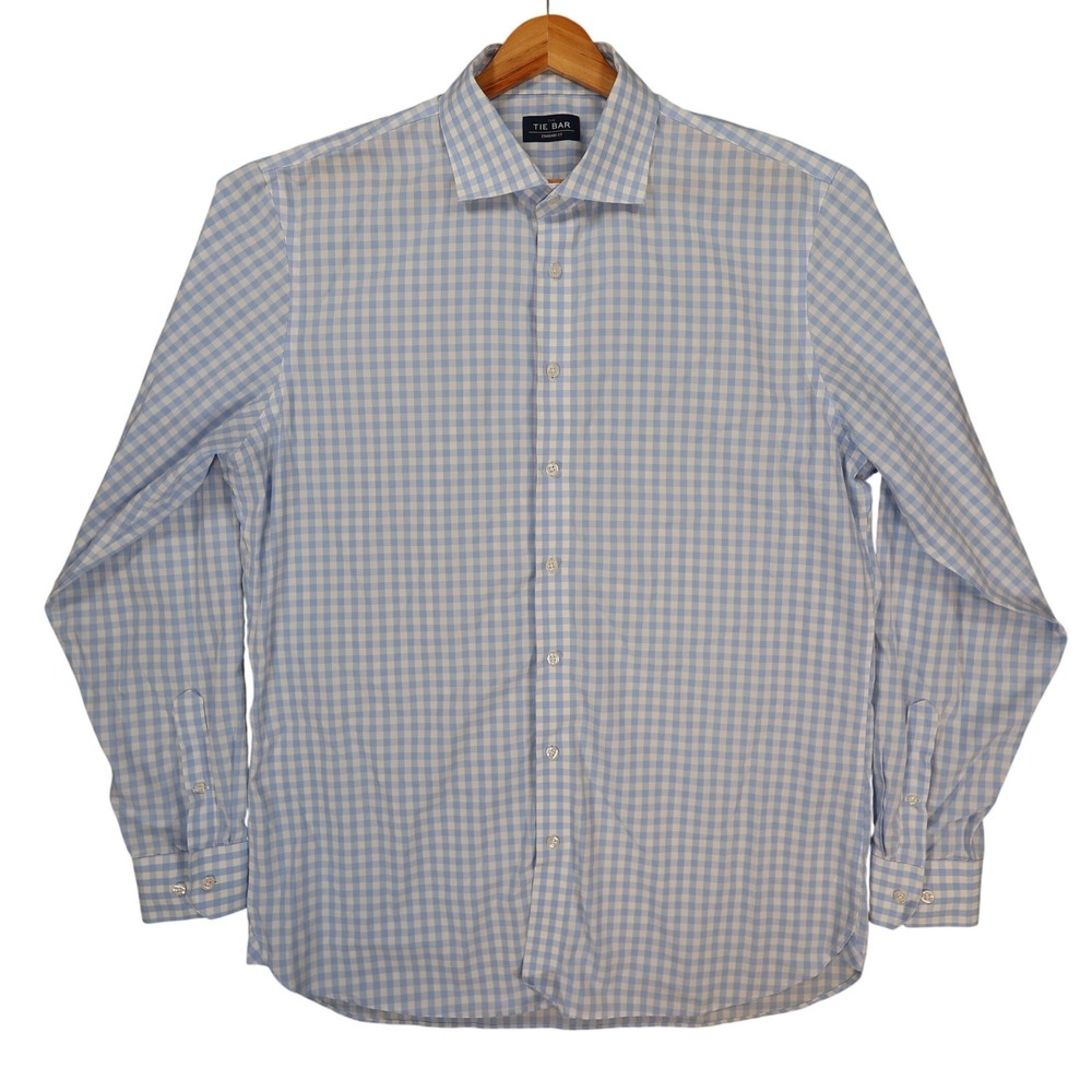The Tie Bar Dress Shirt Mens 17 36/37 Light Blue Cotton Gingham Standard Fit